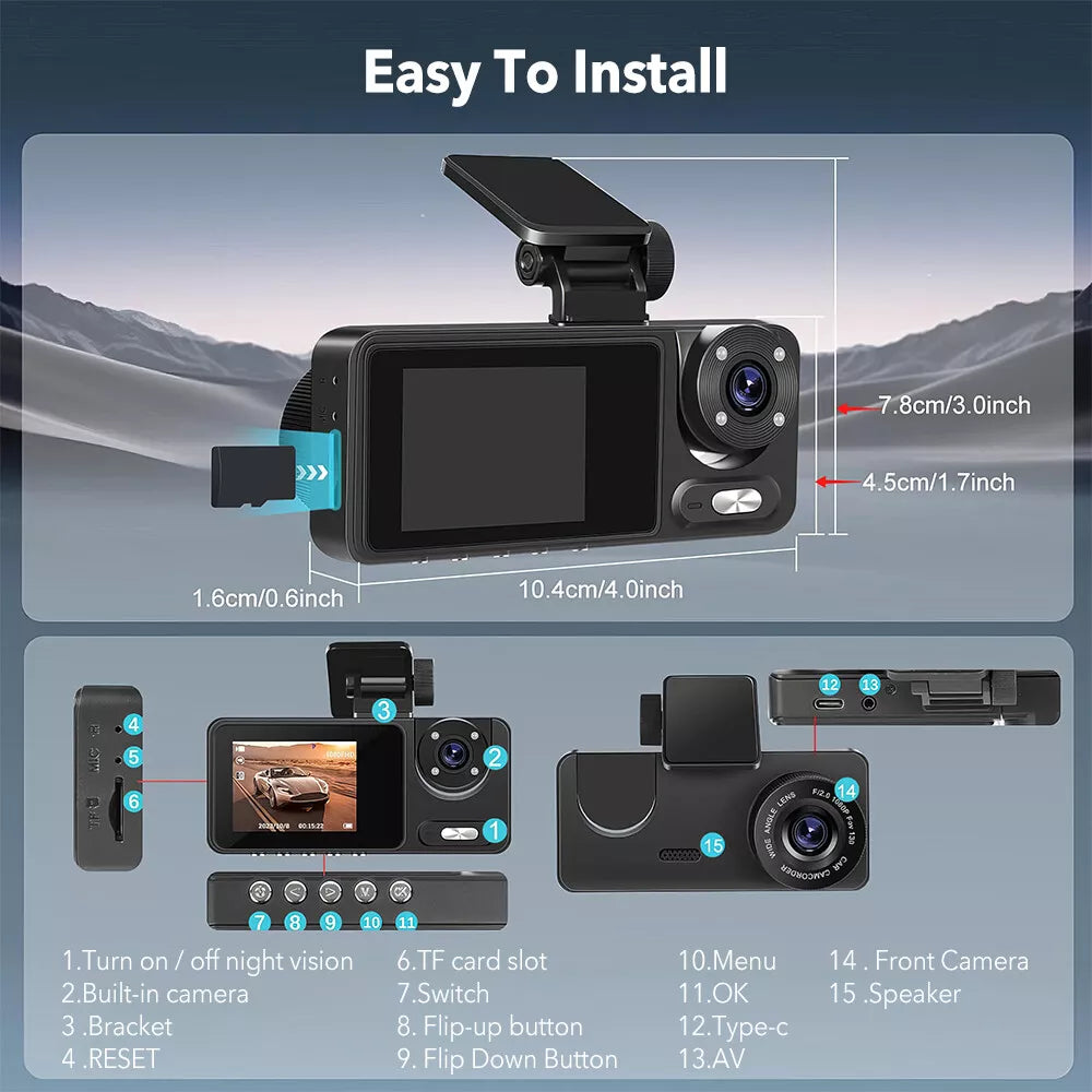 1080P Dual Lens Dash Cam for Cars, Front and Inside, Full HD 1080P Car Camera with Loop Recording, Car Tachograph with Night Vision, 24-Hour Parking Mode, G Sensor, Motion Detection