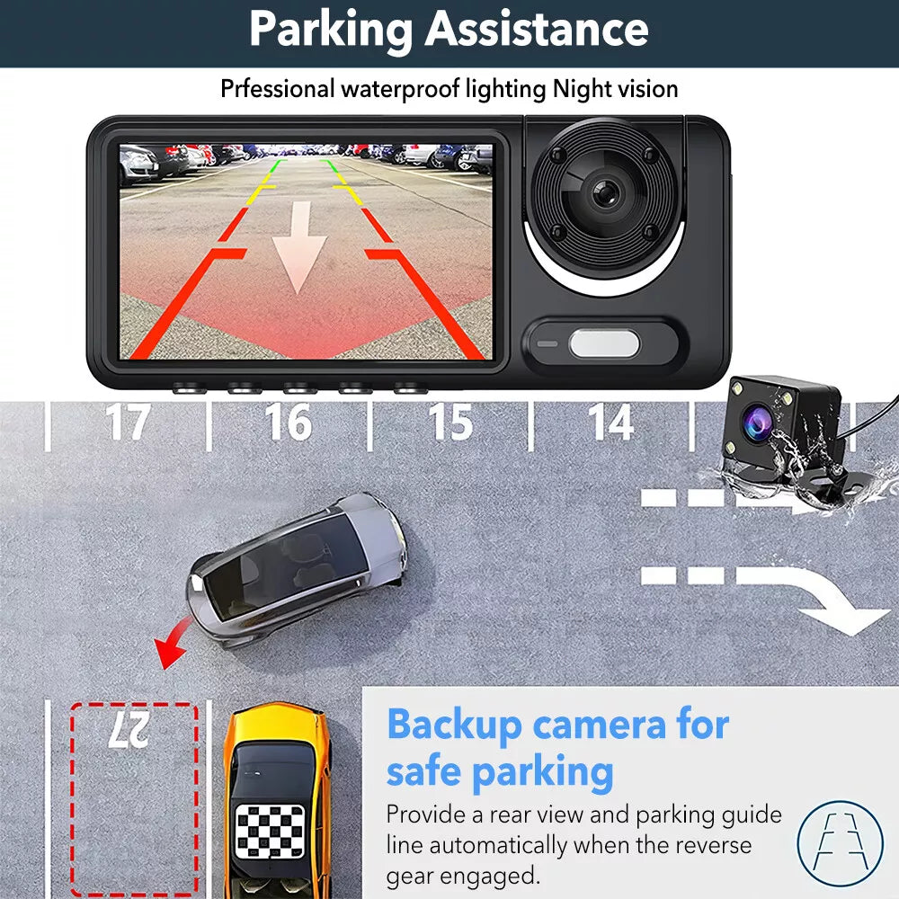 1080P Dual Lens Dash Cam for Cars, Front and Inside, Full HD 1080P Car Camera with Loop Recording, Car Tachograph with Night Vision, 24-Hour Parking Mode, G Sensor, Motion Detection