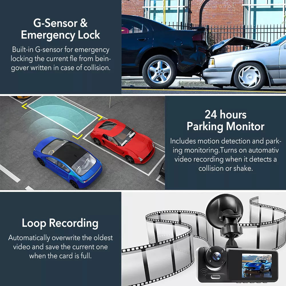 1080P Dual Lens Dash Cam for Cars, Front and Inside, Full HD 1080P Car Camera with Loop Recording, Car Tachograph with Night Vision, 24-Hour Parking Mode, G Sensor, Motion Detection